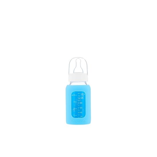 Kojenecká lahev skleněná 120 ml úzká silikonový obal modrá - Kliknutím zobrazíte detail obrázku.