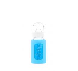Kojenecká lahev skleněná 120 ml úzká silikonový obal modrá