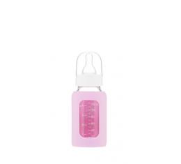 Kojenecká lahev skleněná 120 ml úzká silikonový obal růžová