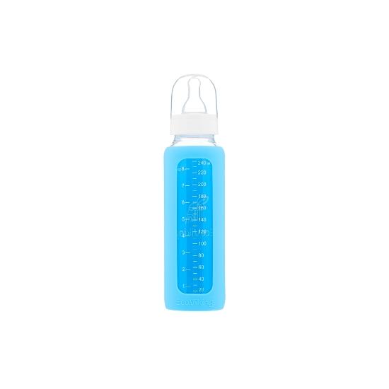 Kojenecká lahev skleněná 240 ml úzká silikonový obal modrá - Kliknutím zobrazíte detail obrázku.