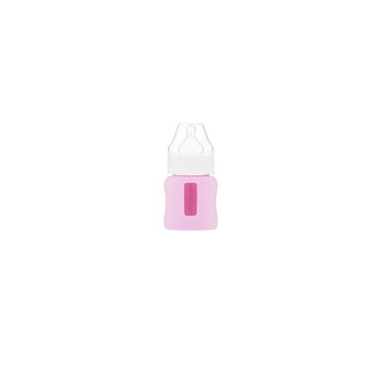 Kojenecká lahev skleněná 120 ml široká silikonový obal růžová - Kliknutím zobrazíte detail obrázku.