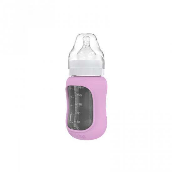 Kojenecká lahev skleněná 180 ml široká silikonový obal pink levander - Kliknutím zobrazíte detail obrázku.