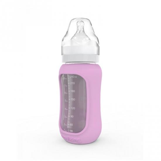 Kojenecká lahev skleněná 240 ml široká silikonový obal pink levander - Kliknutím zobrazíte detail obrázku.