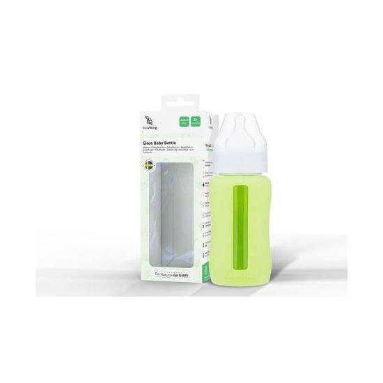 Kojenecká lahev skleněná 240 ml široká silikonový obal zelená hrášková - Kliknutím zobrazíte detail obrázku.