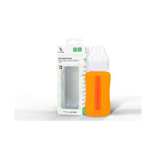 Kojenecká lahev skleněná 240 ml široká silikonový obal oranžová - Kliknutím zobrazíte detail obrázku.